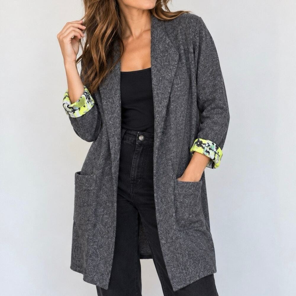 Volt Designs Gray Longline Cardigan Artsy Abstract Cuffs Wool Blend